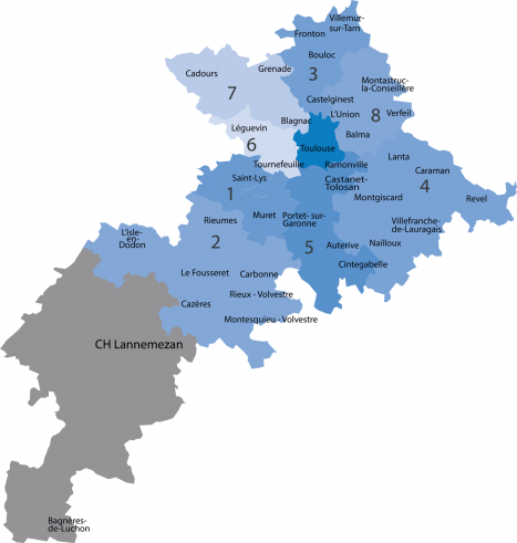 Zone d'intervention EMIHP haute-garonne en bleu : l’EMIHP intervient dans tout le département à l’exception des communes du Comminges dépendant pour l’hospitalisation du CH de Lannemezan.